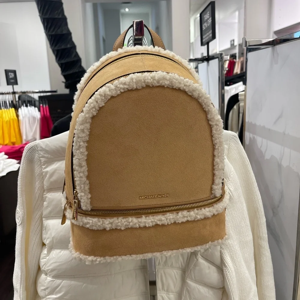 MICHAEL KORS Rhea Medium Suede and Faux Shearling Backpack Peanut  NWT